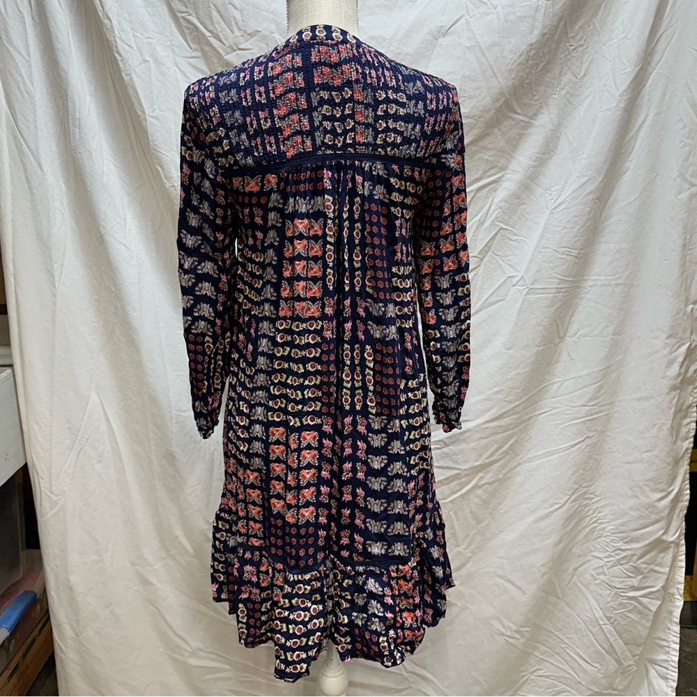 Anthropologie Blue Floral Patchwork Ruffled Hem Split Neck Midi Dress Size XXS - Picture 7 of 12